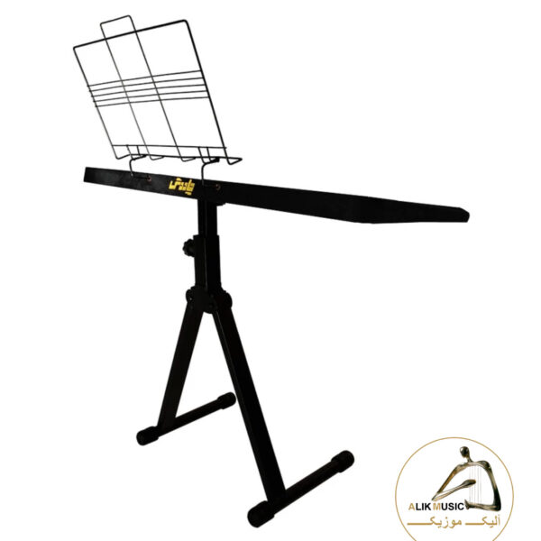 میز سنتور چاوش با پایه نت که بک گراند سفید داره و لوگوی فروشگاه آلیک با رنگ طلایی سمت راست تصویر قرار داره